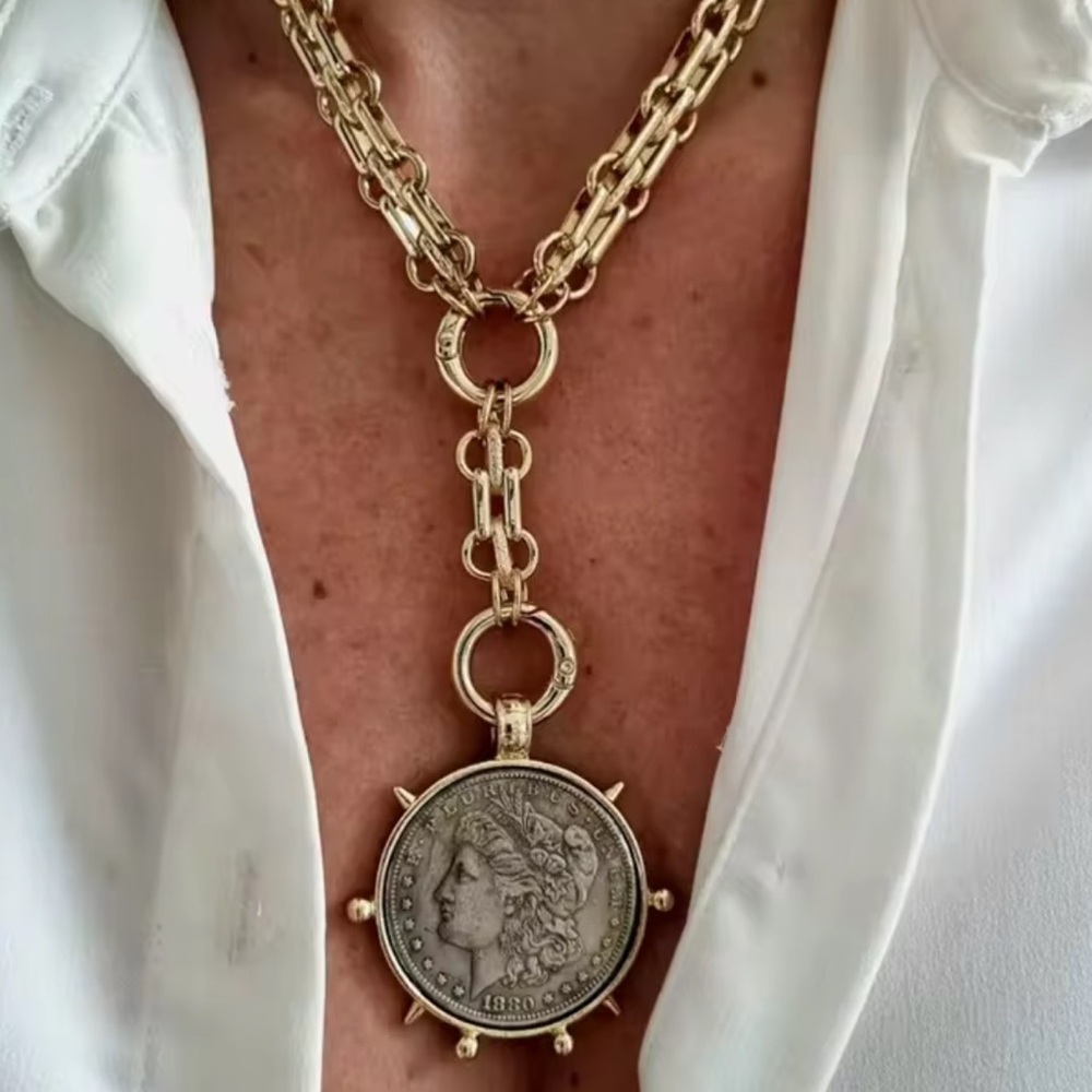 Gold Plated Vintage Coin Necklace – Statement Medallion Y Lariat - Picture 3 of 7
